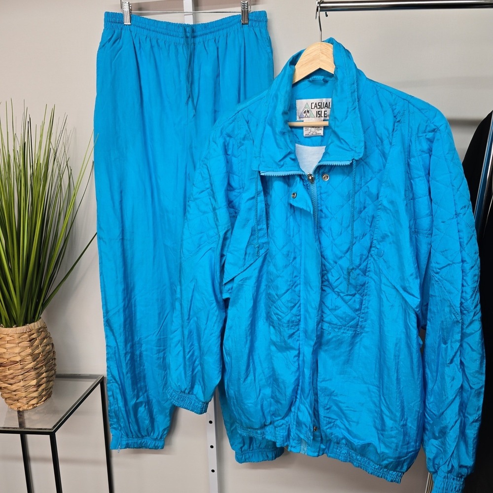 Vintage Casual Isle Womens Turquoise Nylon Tracksuit Jacket Pants Set XL